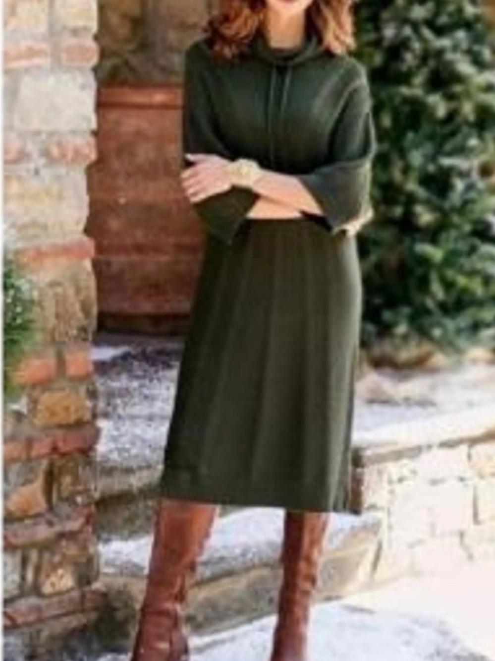 Soft Surroundings Olive Green Cable-Knit Cowel Neck Sweater Dress